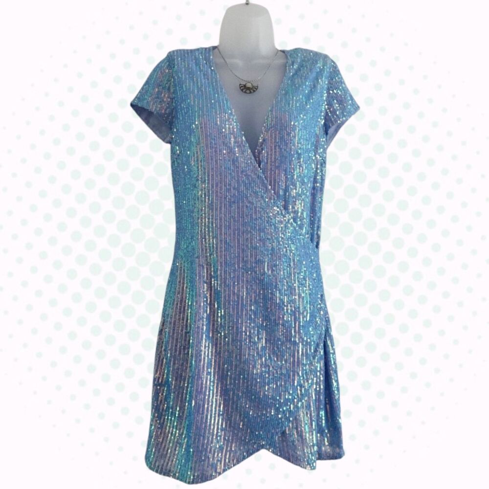 Likely Light Blue Sequin V-Neck Mini Wrap Dress Size S